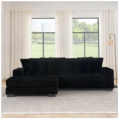 Gucheng Corduroy Tufted Upholstered Sleeper Sectional Sofa, L-shaped Modular Convertible Design With Adjusta In Black