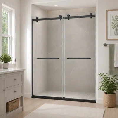 Gucheng Door Double Sliding Frameless Shower Door With 8mm Clear Tempered Glass In Matt Black