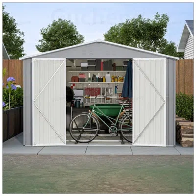 Gucheng Durable Galvanized Steel Outdoor Storage Shed With Floor Frame, Double Lockable Doors For Secure Bac In Gray