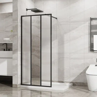 Gucheng Fixed Shower Door, 3-panel Design With Center Mirror & Fluted Pattern, 1/5 Inch (5mm) Tempered Glass In Matte Black