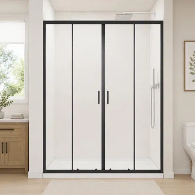 Gucheng Framed Shower Sliding Door 60"x72", 4-panel Center Opening Double Sliding Shower Door, 1/4" (6mm) Te In Matt Black
