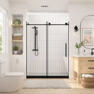 Gucheng Frameless Shower Door (6 Mm) Clear Tempered Glass, Explosion Proof Film, Stainless Steel Handle In Matte Black