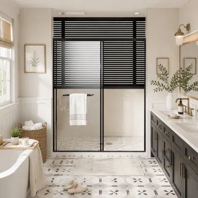 Gucheng Frameless Shower Door, Aluminum Dual Sliding Doors With Soft-close & Waterproof Buffer System, Quick In Matt Black