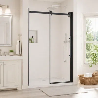 Gucheng Frameless Shower Door Single Sliding, 1/4 Inch Thick Clear Tempered Glass Shower Door With Zinc Roll In Matt Black