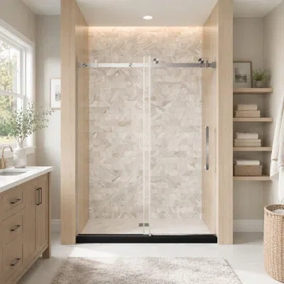 Gucheng Frameless Single Sliding Shower Door  48 "w X 76" H, 1/4 "(6 Mm) Clear Tempered Glass, Explosion Pro In Brushed Nickel