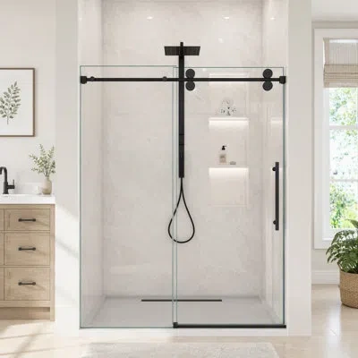 Gucheng Frameless Single Sliding Shower Door – 5/16" (8mm) Clear Tempered Glass, Bypass Design In Matte Black