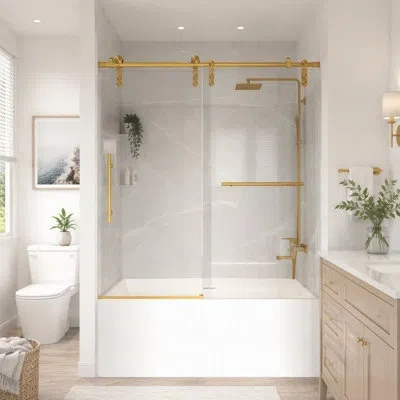 Gucheng Frameless Sliding Bathtub Door, Tub Shower Door, 5/16" (8mm) Clear Tempered Glass, Stainless Steel F In Brushed Gold