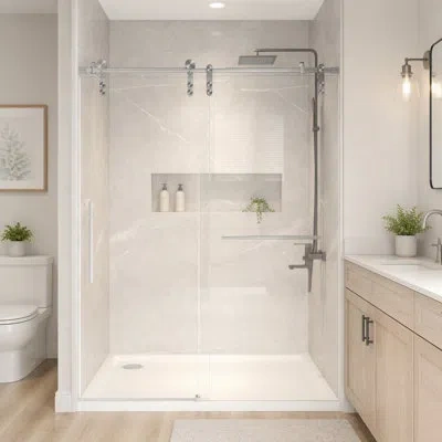 Gucheng Frameless Sliding  Shower Door, 5/16" (8mm) Clear Tempered Glass, Stainless Steel Frame In Brushed Nickel