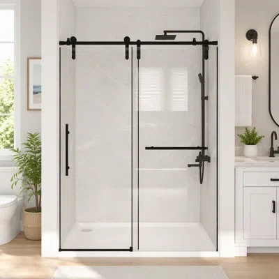 Gucheng Frameless Sliding  Shower Door, 5/16" (8mm) Clear Tempered Glass, Stainless Steel Frame In Matte Black