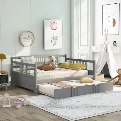 Gucheng Full Size Daybed Wood Bed With Twin Trundle, Space-saving And Multi-functional Design In Gray