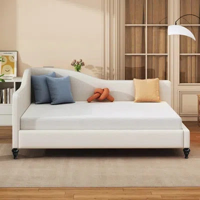 Gucheng Full Size L-shaped Linen Daybed With Solid Wood Legs, Perfect For Versatile And Stylish Seating Or S In Beige