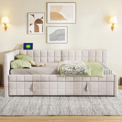 Gucheng Full Size Upholstered L-shaped Daybed With Twin Trundle And Usb Ports, Perfect For Modern Comfort An In Beige