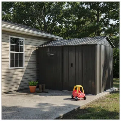 Gucheng Galvanized Steel Outdoor Storage Shed With Sliding Door, Heavy Duty Metal Tool Shed With Window And  In Black