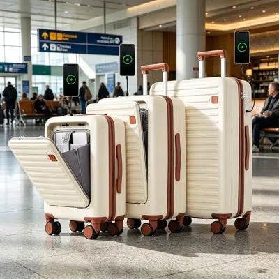 Gucheng Luggage Set Of 3, 20, 24, 28inch With Usb Port, 20, 24inch With Front Opening Design Airline Certifi In Ivory