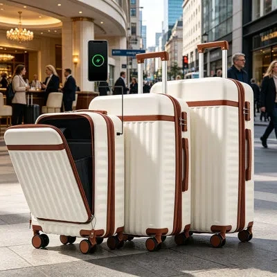 Gucheng Luggage Set Of 3, 20inch With Usb Port, Front Opening Design Airline Certified Carry On Luggage, Abs In White