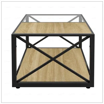Gucheng Modern Tempered Glass And Natural Wood Mdf Top Coffee Table, Industrial Style For Bedroom And Living