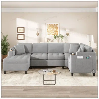 Gucheng Modern U-shaped Sectional Sofa With Built-in Cup Holders, Storage Space, And Usb Ports For Spacious  In Light Gray