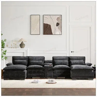 Gucheng Modern U-shaped Sectional Sofa With Console, Cup Holders, And Usb Charger, Comfortable Chenille Upho In Black