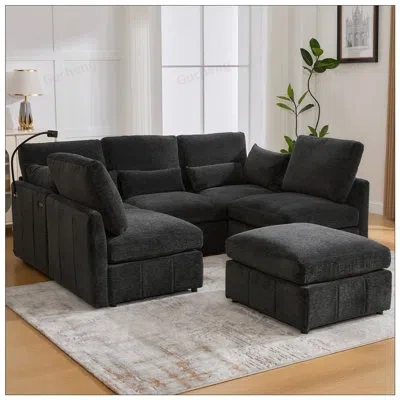 Gucheng Modern U-shaped Sectional Sofa With Movable Ottoman, Usb Ports, And Phone Holder For Ultimate Comfor In Black
