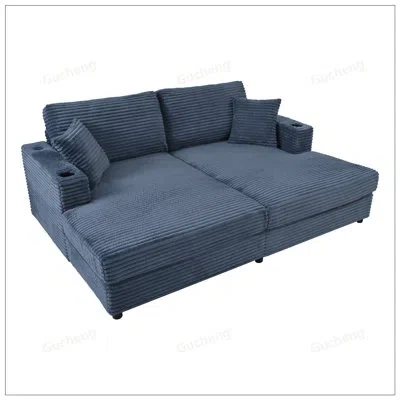 Gucheng Oversized Loveseat Chaise Lounge Sectional Sofa Bed With Corduroy Upholstery, Usb Ports, Cup Holders In Blue