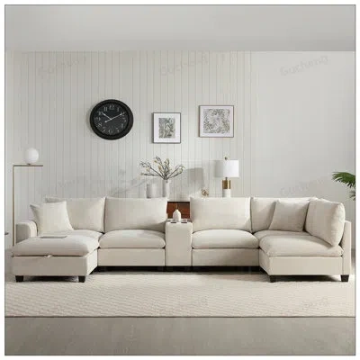 Gucheng Oversized Modular Sectional Sofa With Movable Storage Ottoman And Console, Removable Pockets, Cup Ho In White