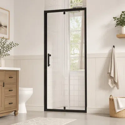 Gucheng Pivot Shower Door, 1/4"(6mm) Sgcc Clear Tempered Glass Shower Door With Explosion Film, Nano Easy-cl In Matte Black