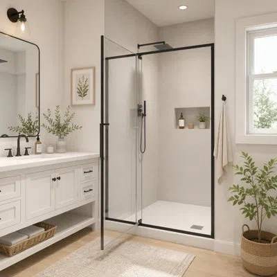 Gucheng Pivot Shower Door, Open Outside, Stop At 105 Degrees, With 5/16" Tempered Glass In Matte Black