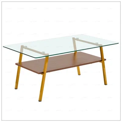 Gucheng Rectangle Coffee Table With Tempered Glass Top And Gold Metal Legs, For Modern Living Room Decor In Transparent,brown,gold