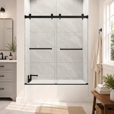 Gucheng Reversible Installation Double Bypass Sliding Shower Door Easy Installation Frameless Bathtub,5/16"( In Matte Black