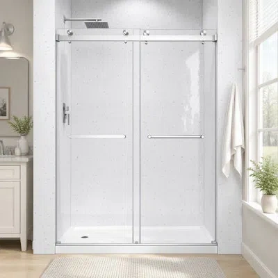 Gucheng Reversible Installation Double Bypass Sliding Shower Door Easy Installation Frameless Shower Door,1/ In Brushed Nickel
