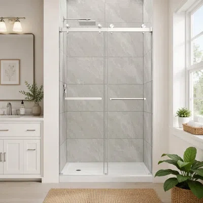 Gucheng Reversible Installation Double Bypass Sliding Shower Door Easy Installation Frameless Shower Door,5/ In Brushed Nickel