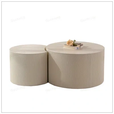 Gucheng Round Handcrafted Relief Wooden Coffee Table With Sturdy Pedestal For Elegant Living Room Decor In Beige
