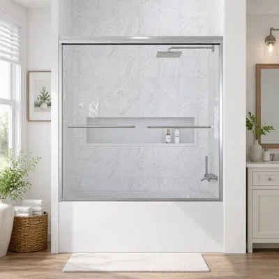 Gucheng Semi-frameless Double Sliding Shower Door, Bypass Shower Door, 1/4" (6mm) Thick Sgcc Tempered Glass  In Brushed Nickel