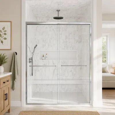 Gucheng Semi-frameless Double Sliding Shower Door, Bypass Shower Door, 1/4" (6mm) Thick Sgcc Tempered Glass  In Chrome