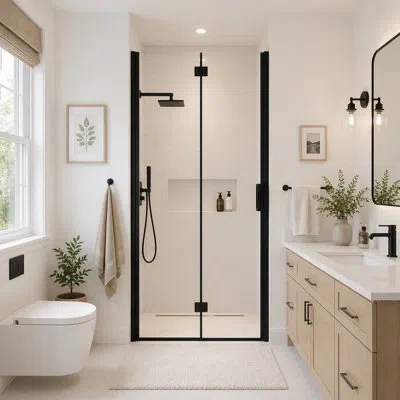 Gucheng Semi-frameless Folding Pivot Hinged Shower Door,1/4" (6mm) Tempered Glass,bathroom Bifold Panel, Rev In Matte Black