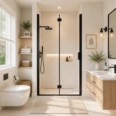 Gucheng Semi-frameless Folding Pivot Hinged Shower Door,1/4" (6mm) Tempered Glass,bathroom Bifold Panel, Rev In Matte Black