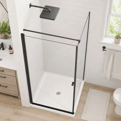 Gucheng Shower Enclosure, Corner Shower Door With Shower Base, Pivot Opening Frameless Shower Stall With 1/4 In Matte Black