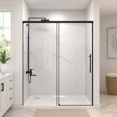 Gucheng Single Sliding Shower Door,5mm Fixed Glass And 6mm Sliding Glass Frameless , Clear Tempered Glass, S In Matt Black