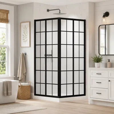 Gucheng Sliding Shower Door, With 1/4" Tempered Clear With Black Lines Glass, Frame Sliding Corner Shower En In Matte Black