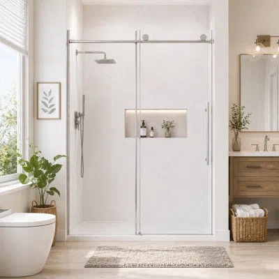 Gucheng Soft Closing Sliding Frameless  Shower Doors,5/16'' (8mm) Easy-clean Explosion-proof Tempered Glass In Brushed Chrome
