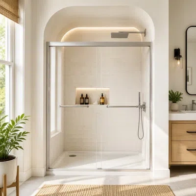 Gucheng Tempered Glass Aluminum Frame Double Sliding Shower Door,5/16"(8 Mm), Stainless Steel Handle In Brushed Nickel