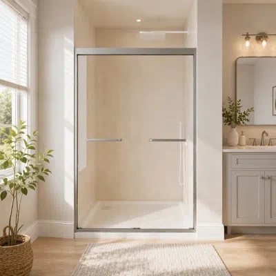 Gucheng Tempered Glass Aluminum Frame Double Sliding Shower Door,5/16"(8 Mm), Stainless Steel Handle In Gun Ash