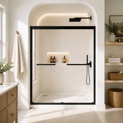 Gucheng Tempered Glass Aluminum Frame Double Sliding Shower Door,5/16"(8 Mm), Stainless Steel Handle In Matt Black