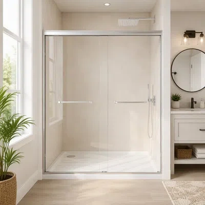 Gucheng Tempered Glass With Explosion Proof Film, Aluminum Frame Double Sliding Shower Door, "1/4 (6 Mm), St In Brushed Nickel