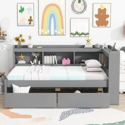 Gucheng Twin Size L-shaped Bookcases Bed With Power Outlets, Usb Charging Ports, And Two Drawers For Small S In Gray