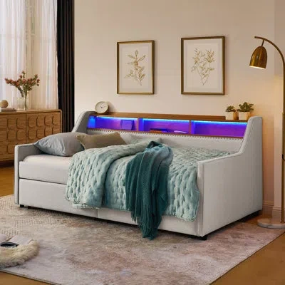 Gucheng Twin Size Upholstery Sofa Bed With Led Lights, Storage, Adjustable Headboard, And Wireless Charging In Beige