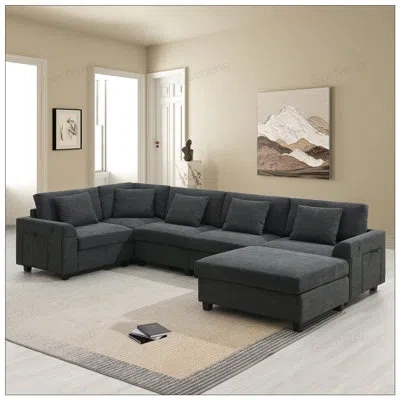 Gucheng U Shaped Sectional Sofa With Oversized Ottoman, Hidden Armrest Storage, Cup Holders, And Usb Chargin In Black