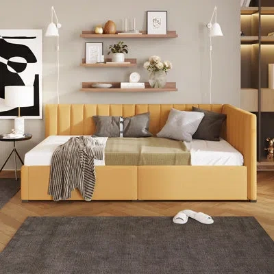 Gucheng Upholstered Daybed With 2 Storage Drawers, Twin Size Sofa Bed Frame, No Box Spring Needed, Linen Fab In Yellow