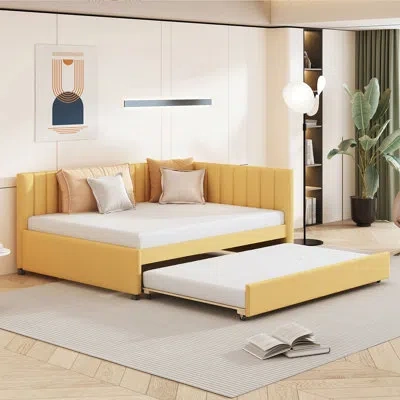 Gucheng Upholstered Daybed With Trundle, Linen Fabric, No Box Spring Needed, Space-saving And Durable In Yellow