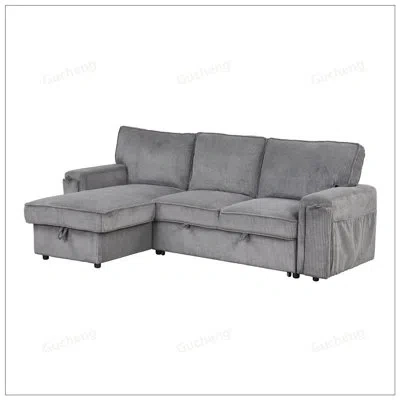 Gucheng Upholstery Sleeper Sectional Sofa With Storage Bags And 2 Cup Holders On Arms, Perfect For Versatile In Grey